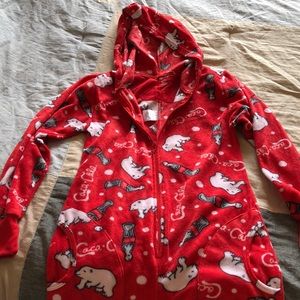 Coca Cola onesie with feet and a hood